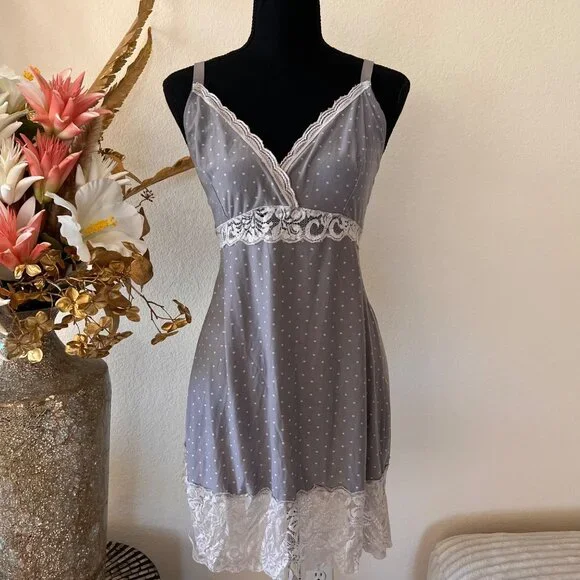 Y2K Grey Babydoll Polka Dot Lace Mini Dress / Lingerie Top XL - Picture 1 of 9